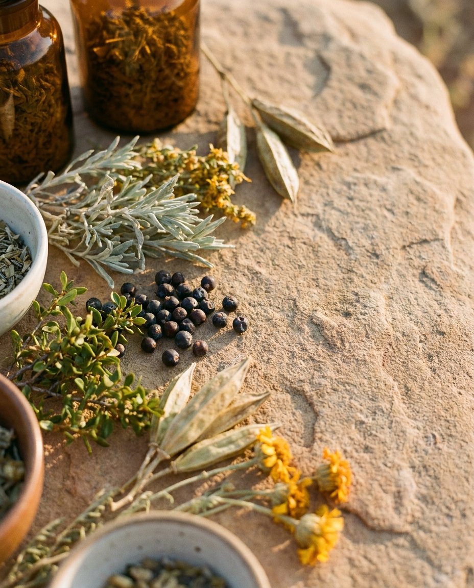 Whole loose-leaf desert herbs on sandstone