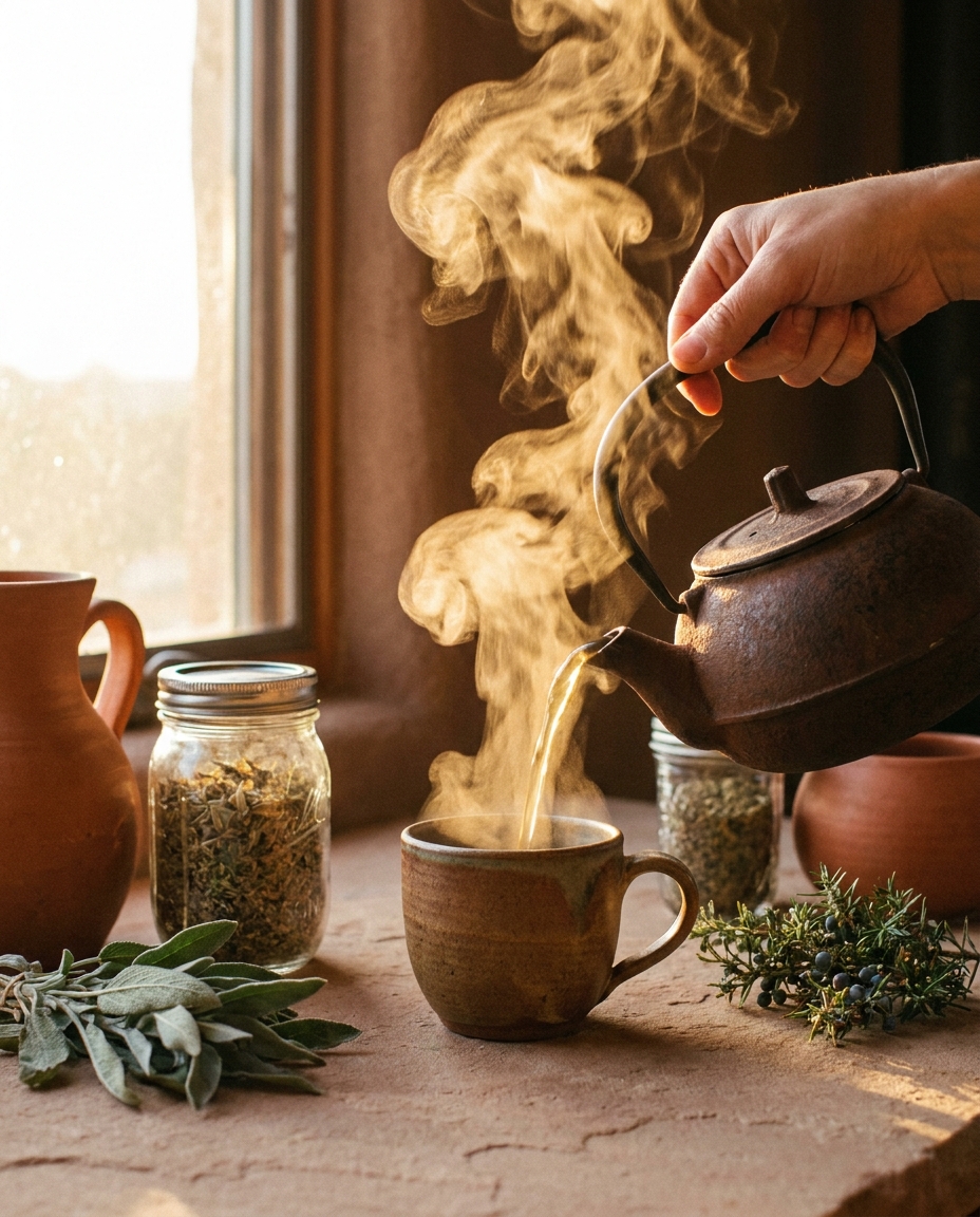 Herbal tea being poured into an earthy cup