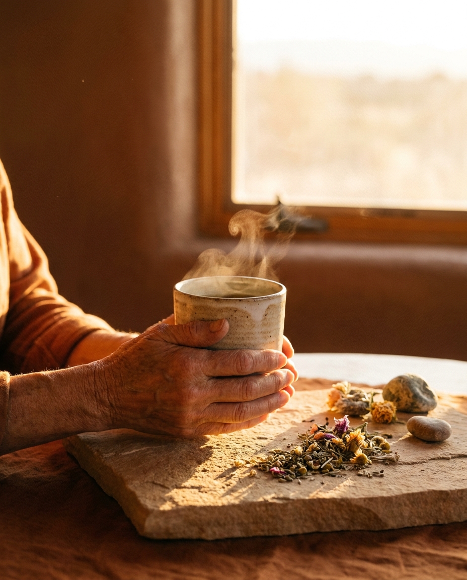 A warm cup of desert herbal tea at golden hour